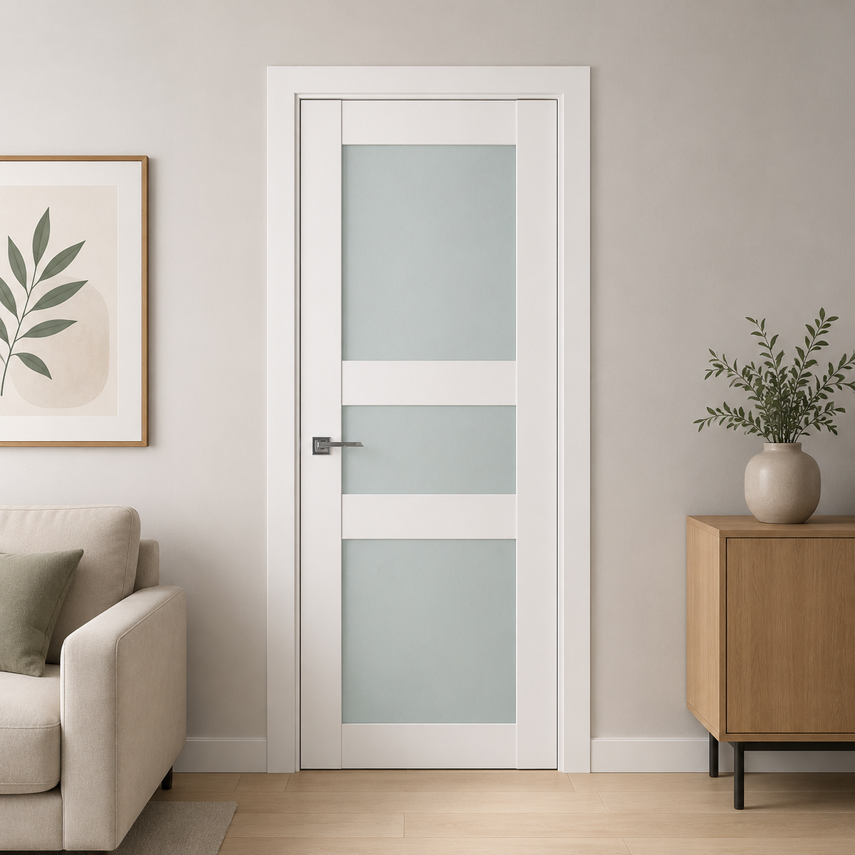 Nova Triplex 029 Soft White Laminated Modern Pre-Hung Door - Doors and Beyond