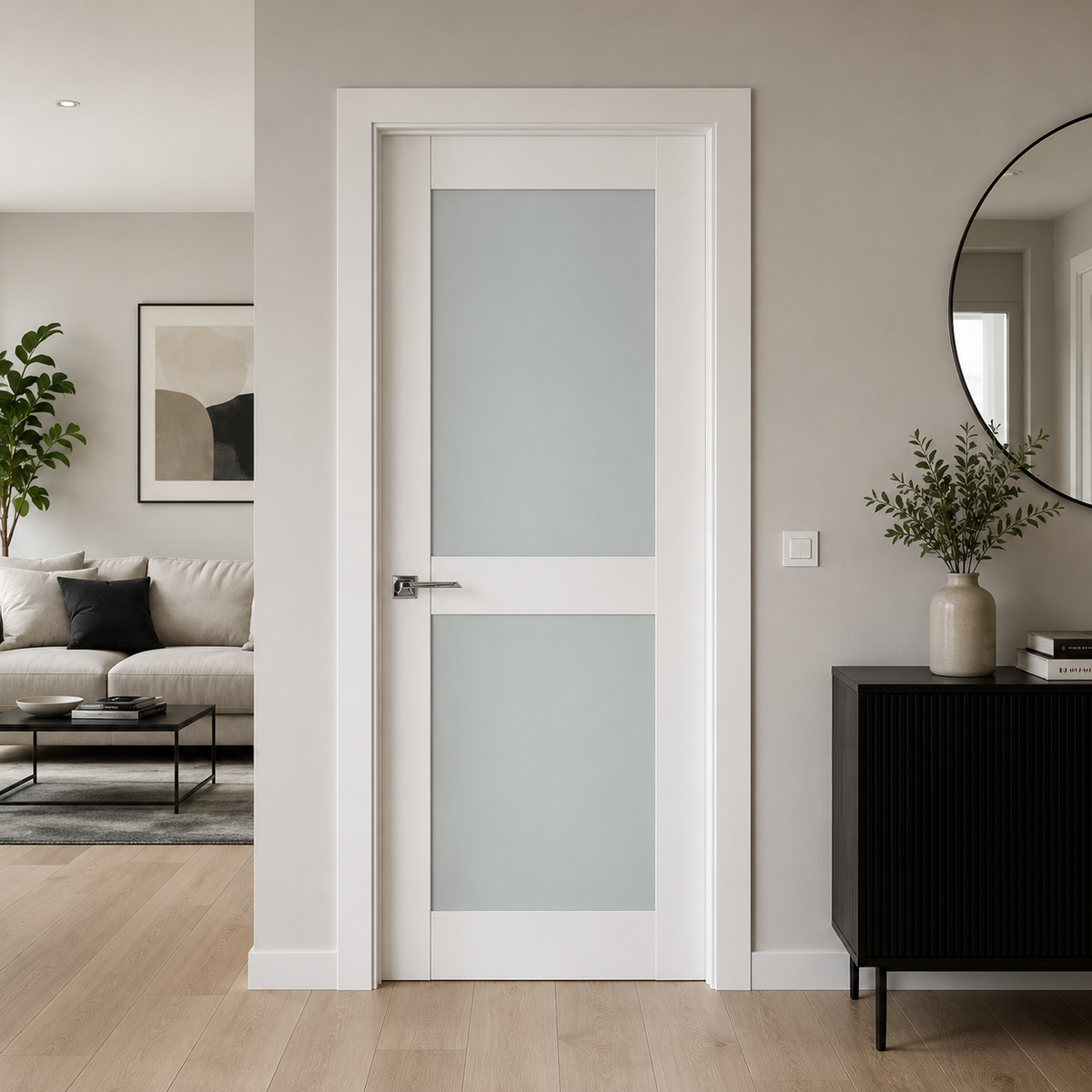 Nova Triplex 020 Soft White Laminated Modern Pre-Hung Door - Doors and Beyond