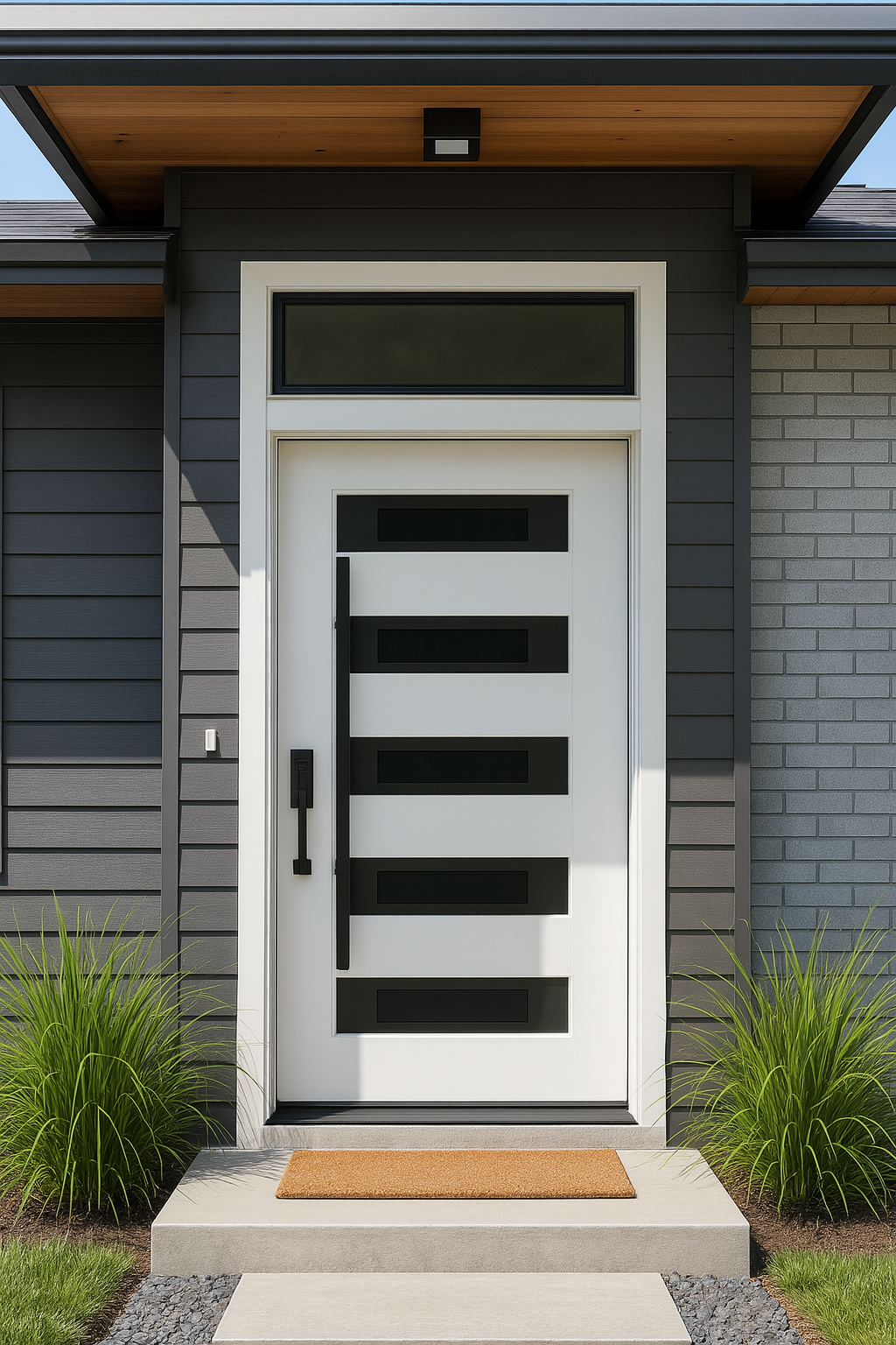 Nova Inox S5 Modern Exterior Single Door 36x80 Black Stainless Steel with Transom - Unit Size 38 x 95 1/2”- White - Doors and Beyond