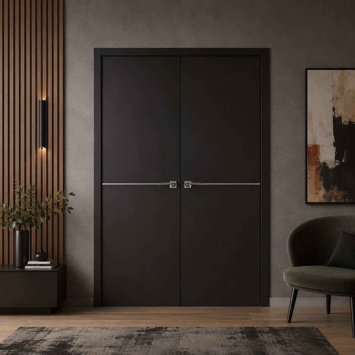 Nova Glam Pro 007 Soft Black Laminated Modern Double Pre-Hung Door - Doors and Beyond