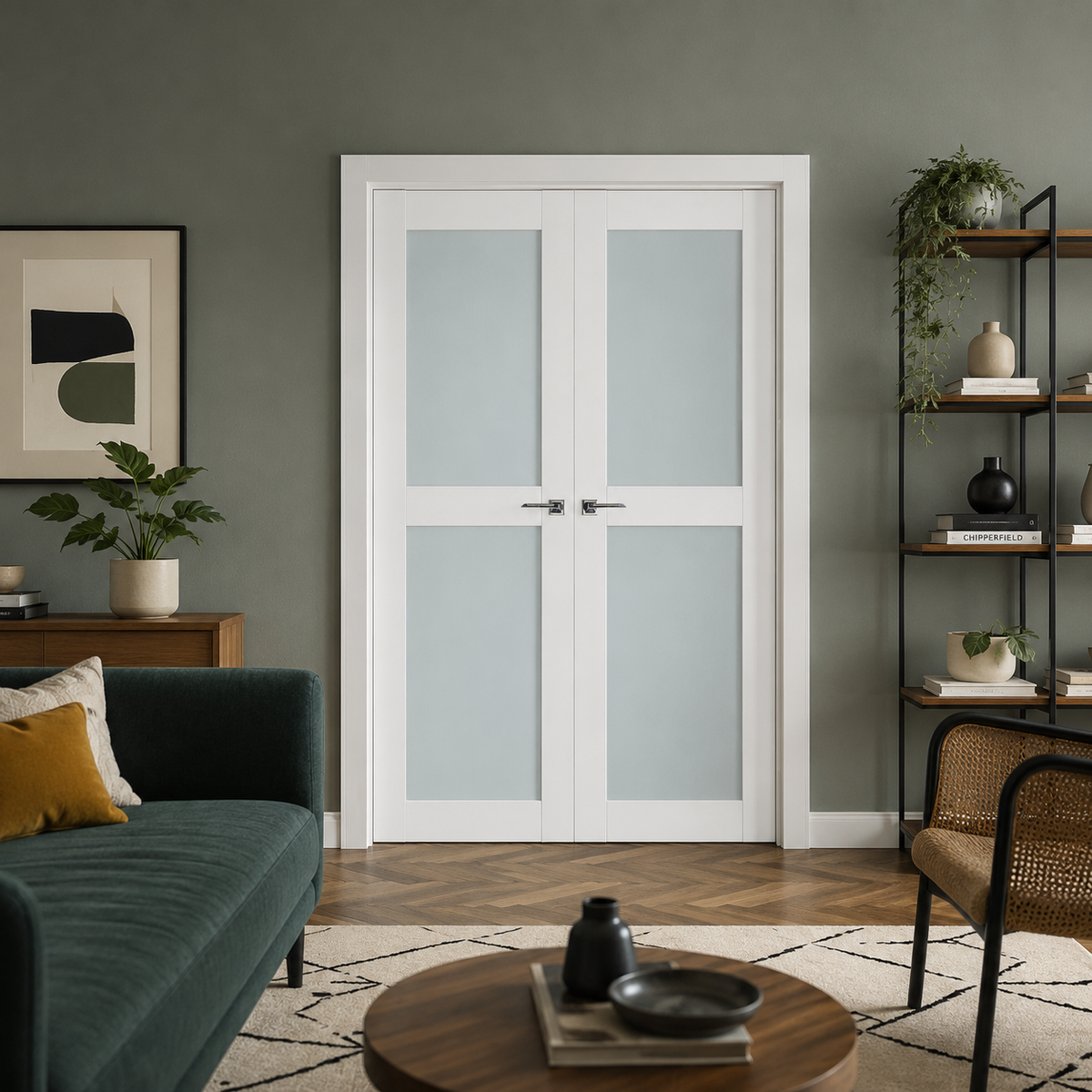 Nova Triplex 020 Soft White Laminated Modern Double Pre-Hung Door - Doors and Beyond