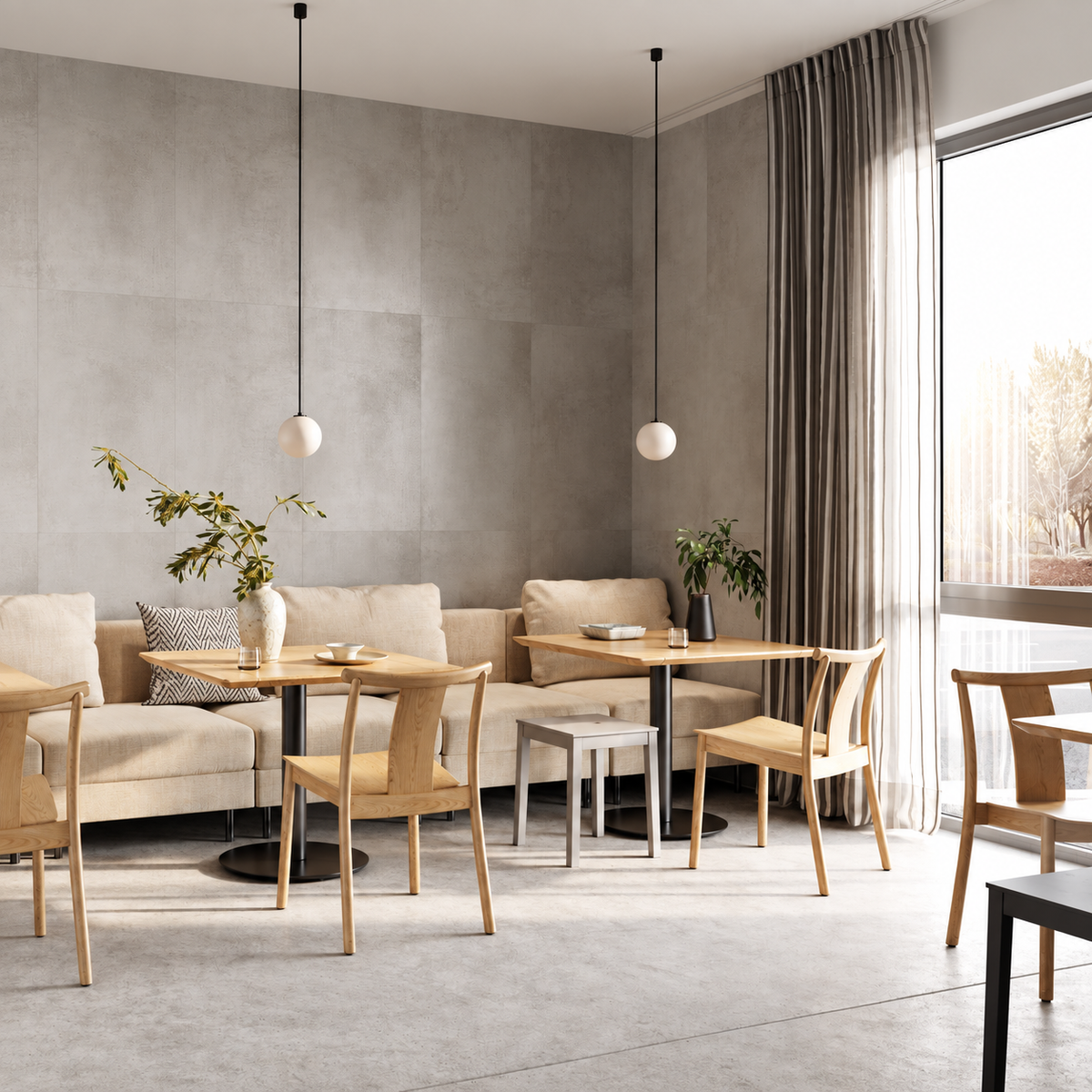 A modern dining and lounge area with light wood chairs, round tables, a beige sofa, pendant lights, and a large window with sheer curtains in a bright, minimalist interior.