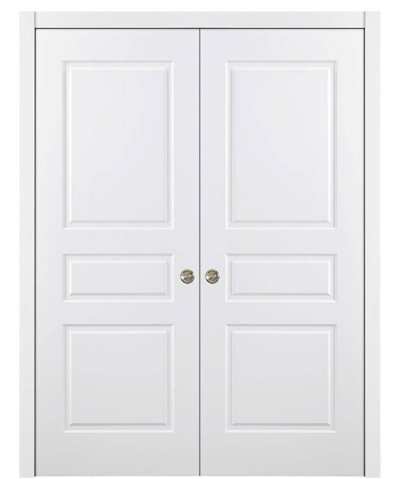 Nova 3 Panel Soft White Laminated Modern Double Pocket Door - Doors and Beyond