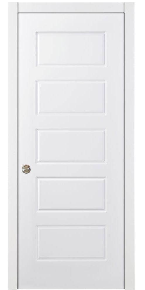Nova 5 Panel Soft White Laminated Modern Pocket Door - Doors and Beyond
