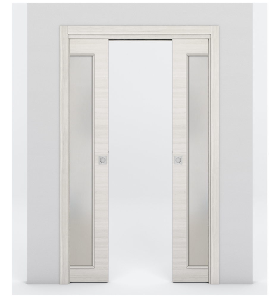 Nova 1-Lite Braga Crema Matrix Laminated Modern Double Pocket Door - Doors and Beyond