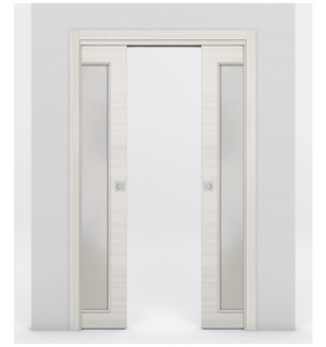 Nova 1-Lite Braga Crema Matrix Laminated Modern Double Pocket Door - Doors and Beyond