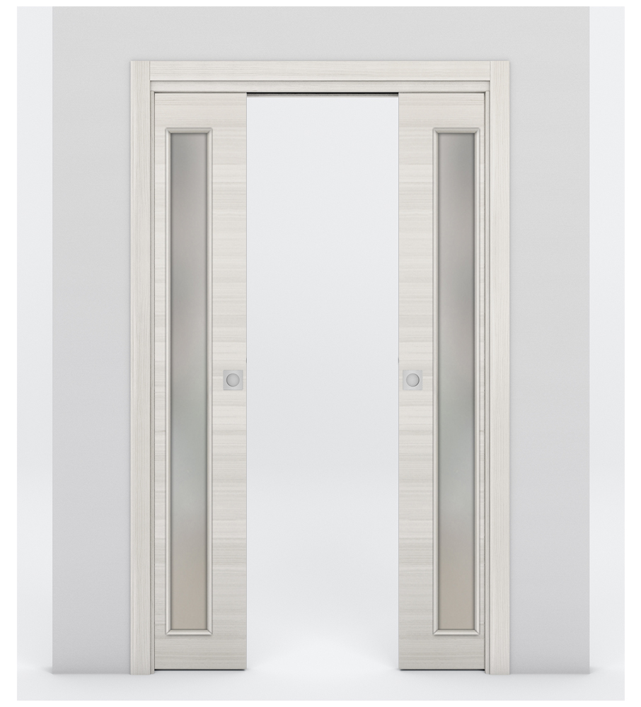Nova 1-Lite V Braga Crema Matrix Laminated Modern Double Pocket Door - Doors and Beyond