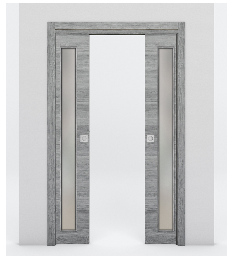 Nova 1-Lite V Braga Olmo Matrix Laminated Modern Double Pocket Door - Doors and Beyond