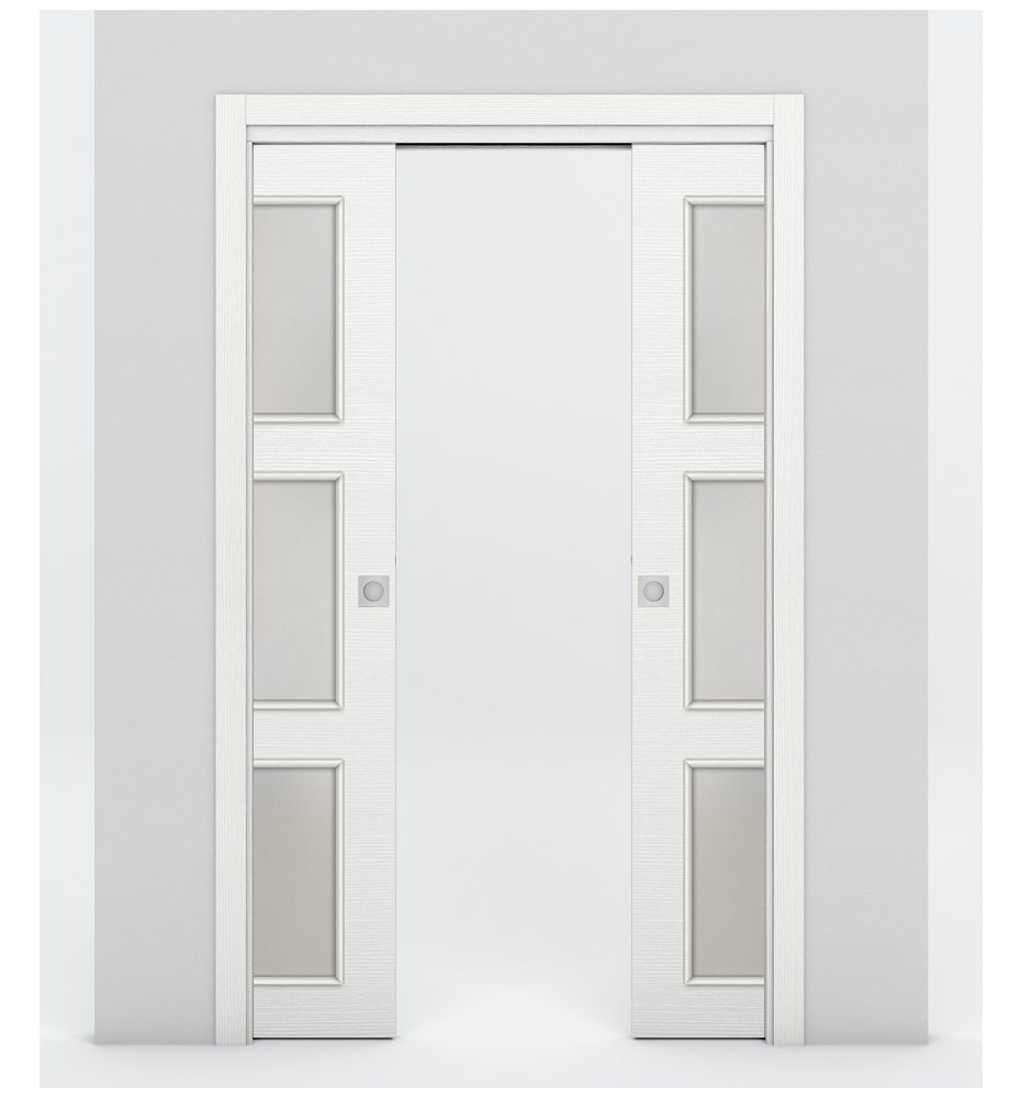 Nova 3-Lite Braga Bianco Matrix Laminated Modern Double Pocket Door - Doors and Beyond