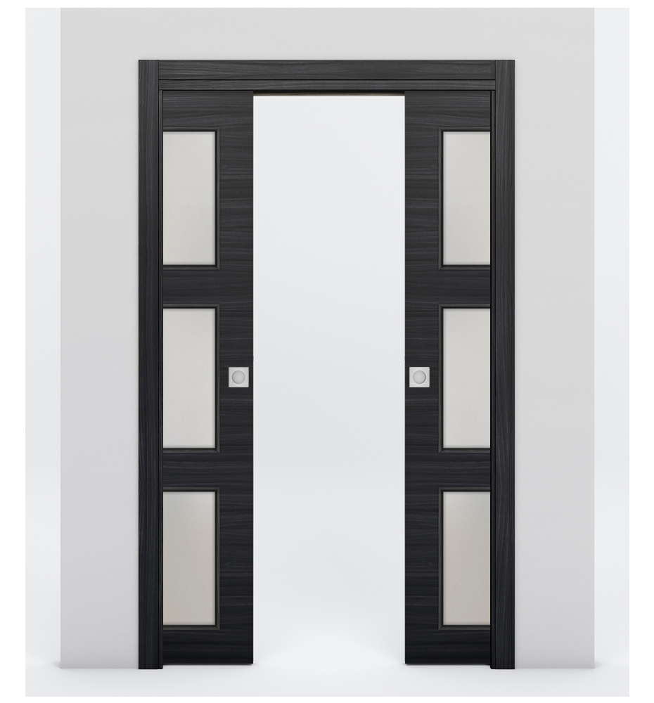 Nova 3-Lite Braga Blu Matrix Laminated Modern Double Pocket Door - Doors and Beyond