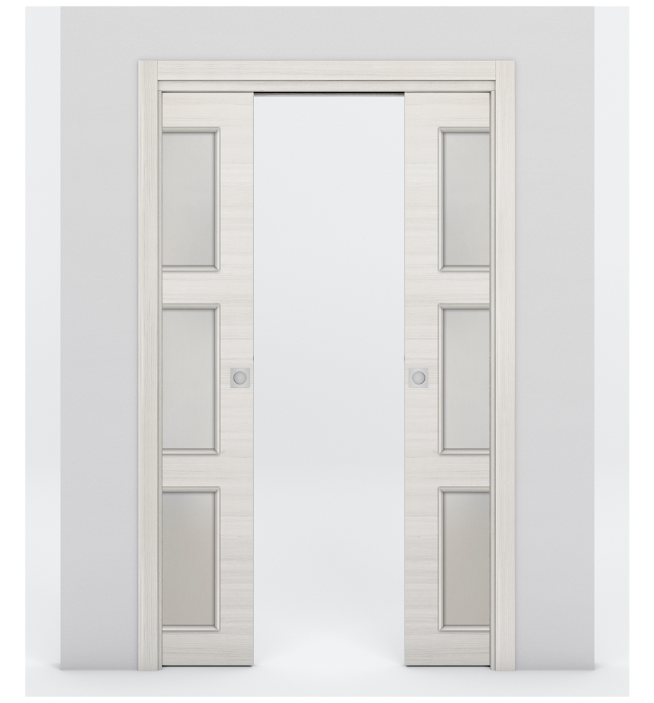 Nova 3-Lite Braga Crema Matrix Laminated Modern Double Pocket Door - Doors and Beyond