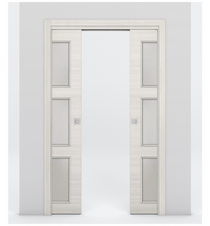 Nova 3-Lite Braga Crema Matrix Laminated Modern Double Pocket Door - Doors and Beyond