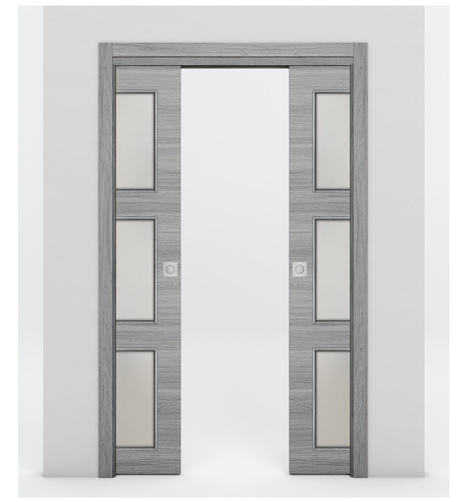 Nova 3-Lite Braga Olmo Matrix Laminated Modern Double Pocket Door - Doors and Beyond