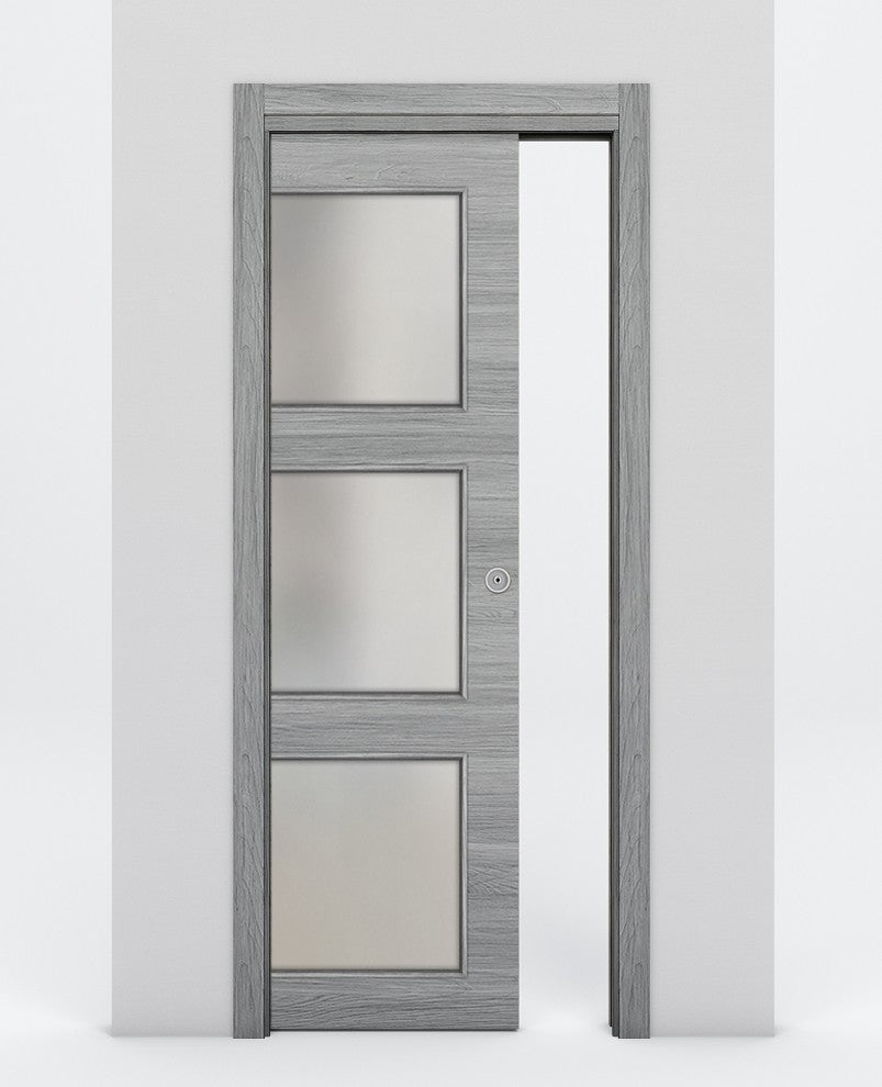Nova 3-Lite Braga Olmo Matrix Laminated Modern Pocket Door - Doors and Beyond