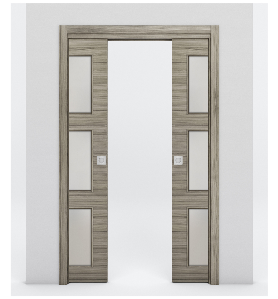 Nova 3-Lite Braga Palissandro Matrix Laminated Modern Double Pocket Door - Doors and Beyond