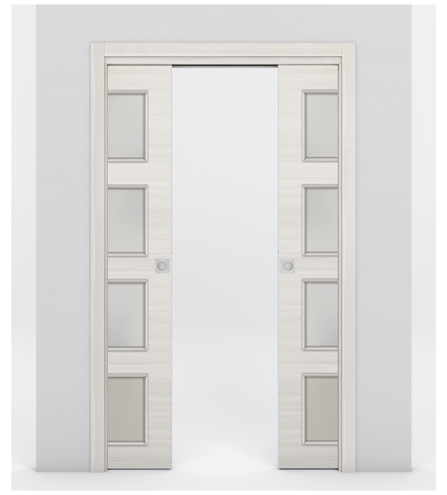 Nova 4-Lite Braga Crema Matrix Laminated Modern Double Pocket Door - Doors and Beyond