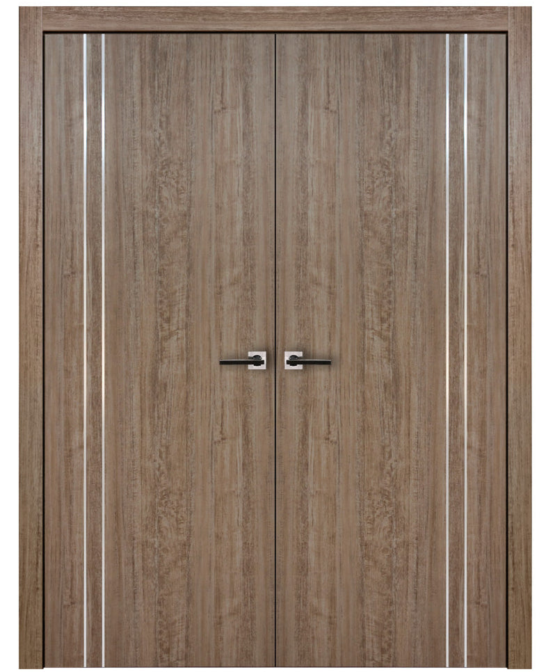 Nova HG002VR Dark Aloe Wood Laminated Modern Double Pre-Hung Door - Doors and Beyond