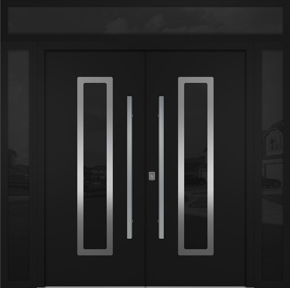 Nova Inox S1 Modern Exterior Double Door 72x80 W/ (2) 12" Sidelight and Transom - Unit 98x95 3/8- Black - Doors and Beyond