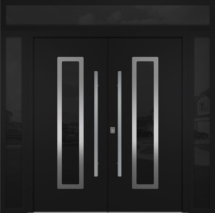 Nova Inox S1 Modern Exterior Double Door 72x80 W/ (2) 12" Sidelight and Transom - Unit 98x95 3/8- Black - Doors and Beyond