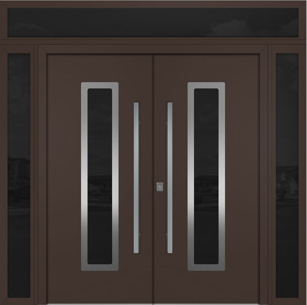 Nova Inox S1 Modern Exterior Double Door 72x80 W/ (2) 12" Sidelight and Transom - Unit 98x95 3/8- Brown - Doors and Beyond