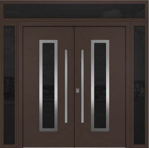 Nova Inox S1 Modern Exterior Double Door 72x80 W/ (2) 12" Sidelight and Transom - Unit 98x95 3/8- Brown - Doors and Beyond