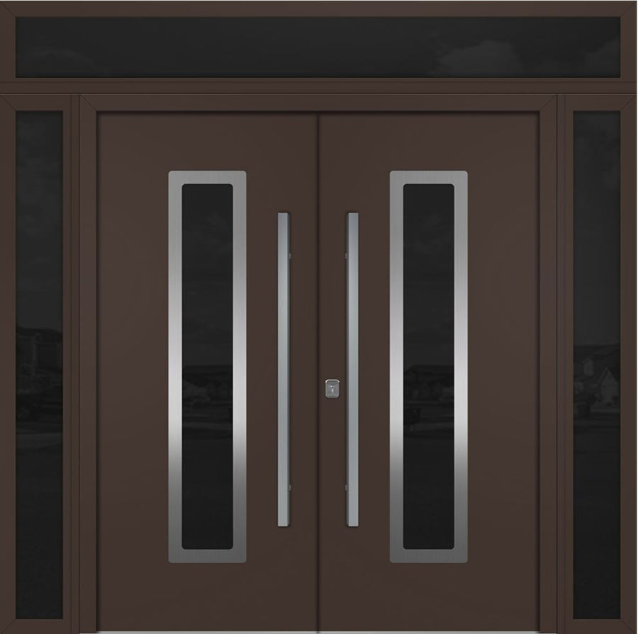 Nova Inox S1 Modern Exterior Double Door 72x80 W/ (2) 12" Sidelight and Transom - Unit 98x95 3/8- Brown - Doors and Beyond