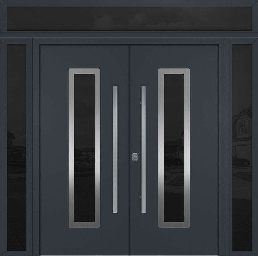 Nova Inox S1 Modern Exterior Double Door 72x80 W/ (2) 12" Sidelight and Transom - Unit 98x95 3/8 - Gray - Doors and Beyond