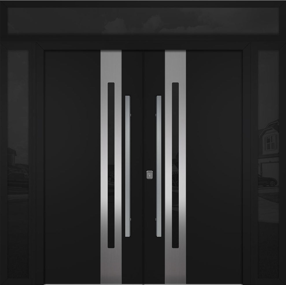 Nova Inox S2 Modern Exterior Double Door 72x80 W/ (2) 12" Sidelight and Transom - Unit 98x95 3/8- Black - Doors and Beyond