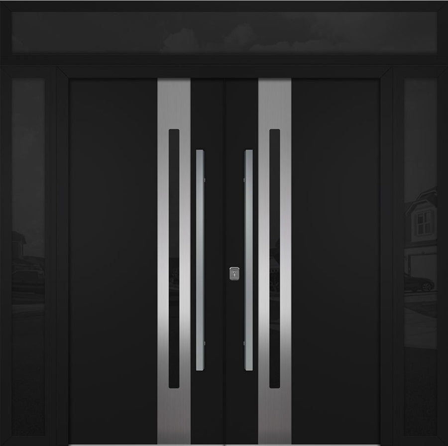 Nova Inox S2 Modern Exterior Double Door 72x80 W/ (2) 12" Sidelight and Transom - Unit 98x95 3/8- Black - Doors and Beyond