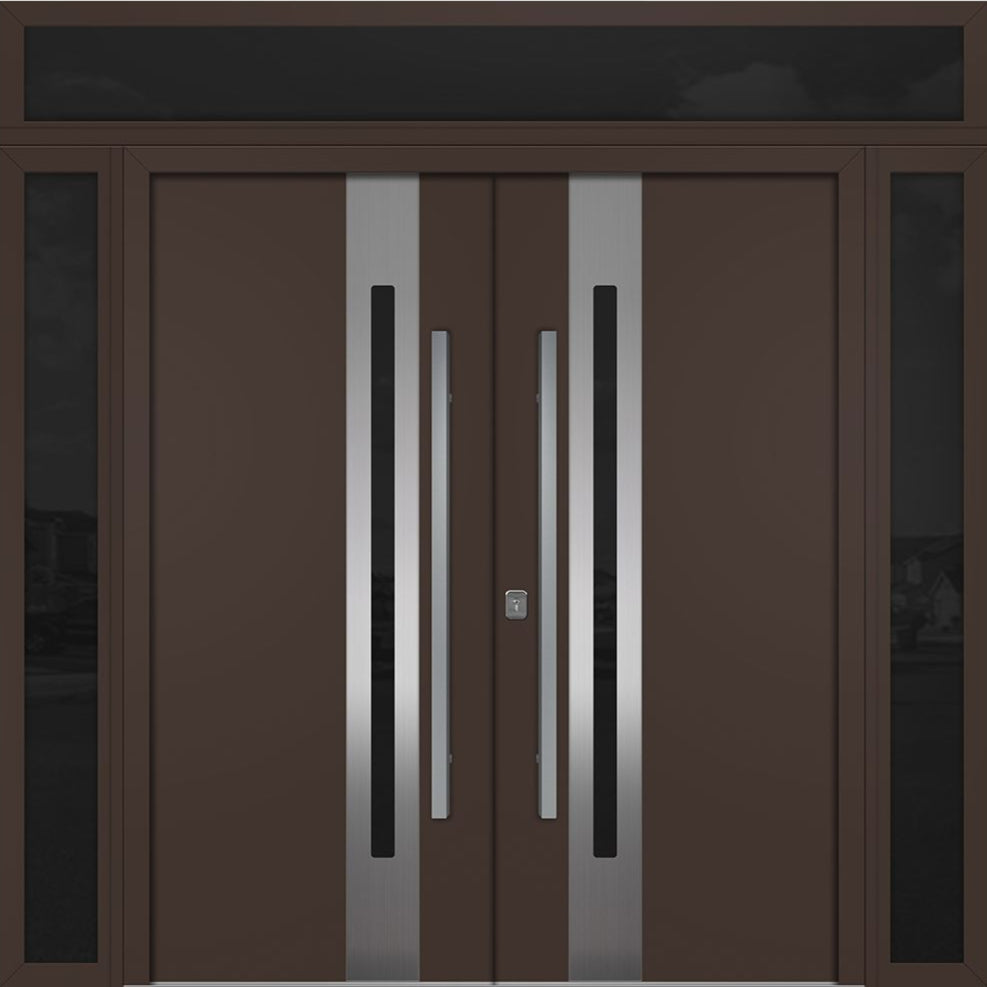 Nova Inox S2 Modern Exterior Double Door 72x80 W/ (2) 12" Sidelight and Transom - Unit 98x95 3/8- Brown - Doors and Beyond