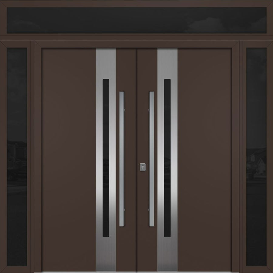 Nova Inox S2 Modern Exterior Double Door 72x80 W/ (2) 12" Sidelight and Transom - Unit 98x95 3/8- Brown - Doors and Beyond