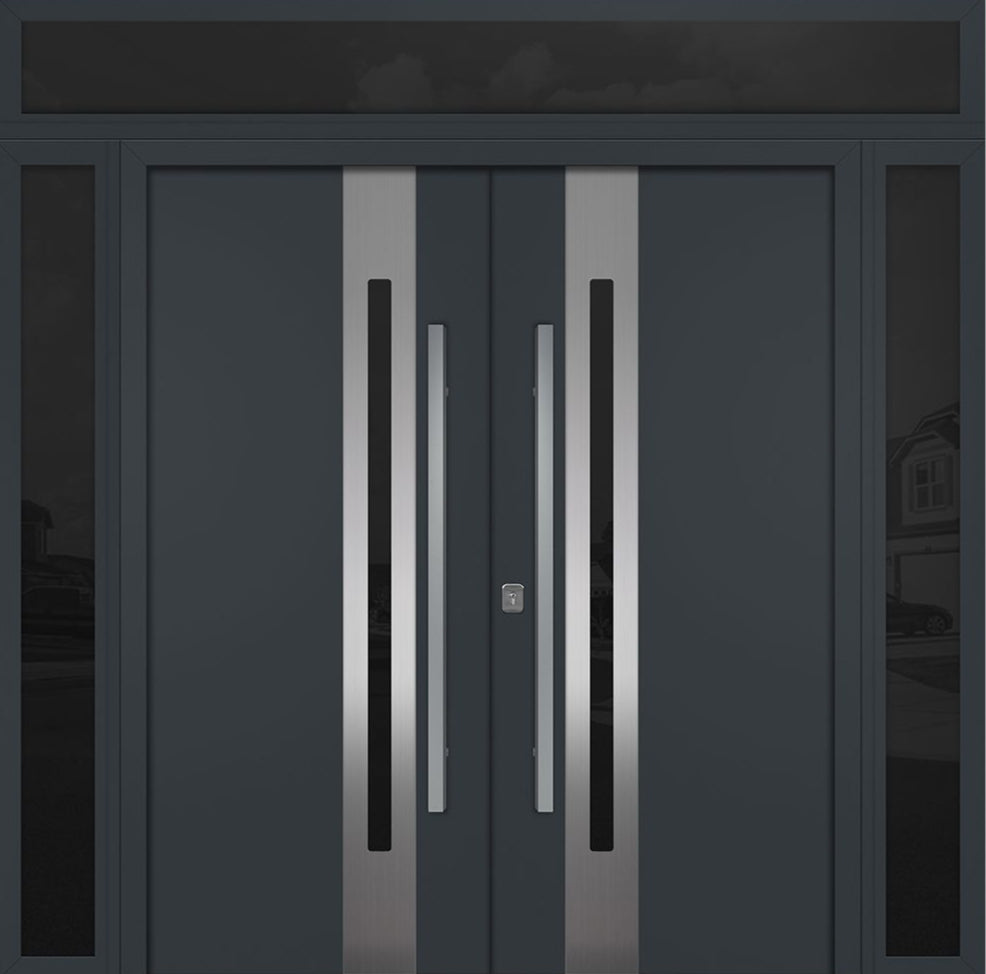 Nova Inox S2 Modern Exterior Double Door 72x80 W/ (2) 12" Sidelight and Transom - Unit 98x95 3/8- Gray - Doors and Beyond