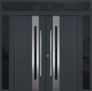 Nova Inox S2 Modern Exterior Double Door 72x80 W/ (2) 12" Sidelight and Transom - Unit 98x95 3/8- Gray - Doors and Beyond