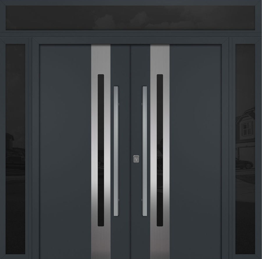 Nova Inox S2 Modern Exterior Double Door 72x80 W/ (2) 12" Sidelight and Transom - Unit 98x95 3/8- Gray - Doors and Beyond