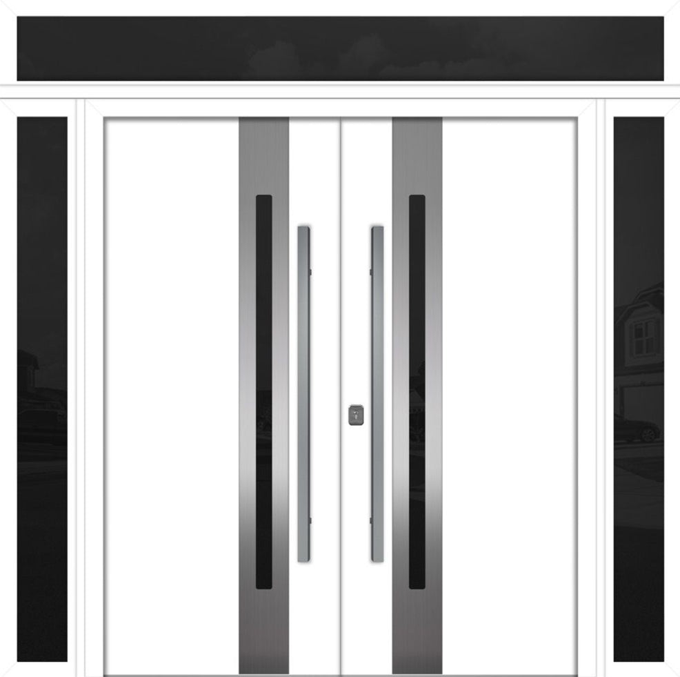 Nova Inox S2 Modern Exterior Double Door 72x80 W/ (2) 12" Sidelight and Transom - Unit 98x95 3/8 - White - Doors and Beyond