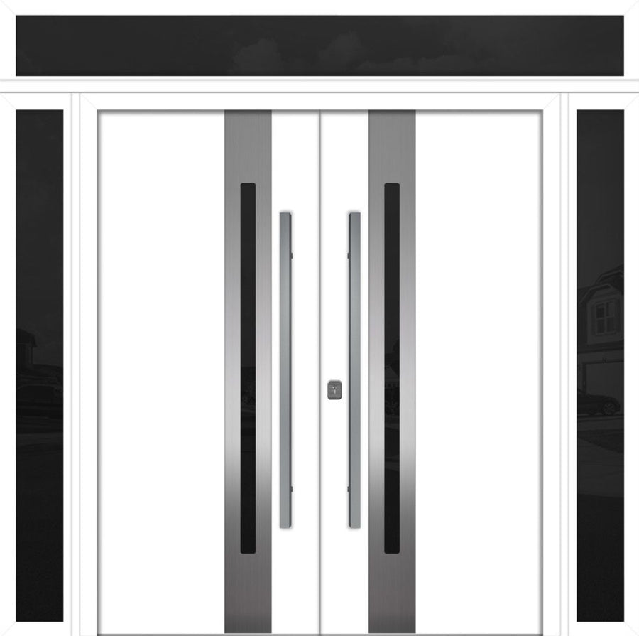 Nova Inox S2 Modern Exterior Double Door 72x80 W/ (2) 12" Sidelight and Transom - Unit 98x95 3/8 - White - Doors and Beyond