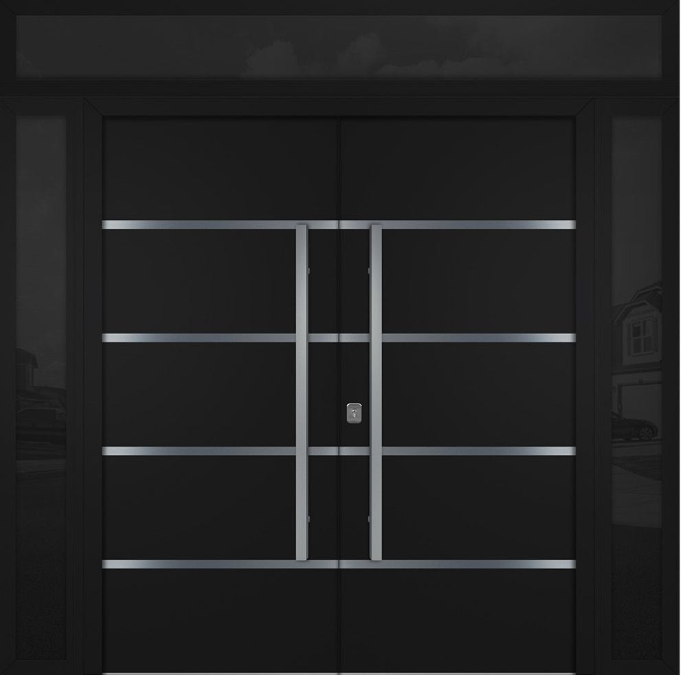Nova Inox S3 Modern Exterior Double Door 72x80 W/ (2) 12" Sidelight and Transom - Unit 98x95 3/8- Black - Doors and Beyond