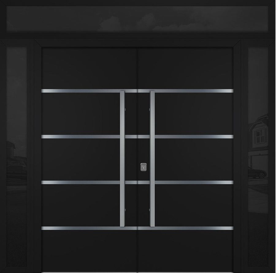 Nova Inox S3 Modern Exterior Double Door 72x80 W/ (2) 12" Sidelight and Transom - Unit 98x95 3/8- Black - Doors and Beyond
