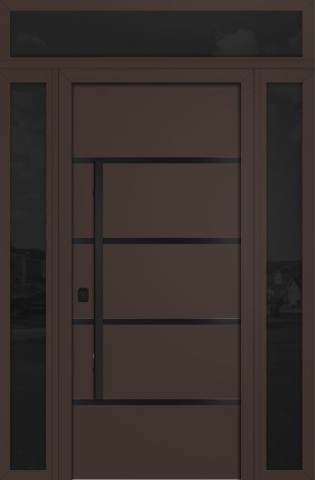 Nova Inox S3 Modern Exterior Single Door 36x80 with 2 Sidelight and Transom - Unit 62x95 1/2 Black Stainless Steel - Brown