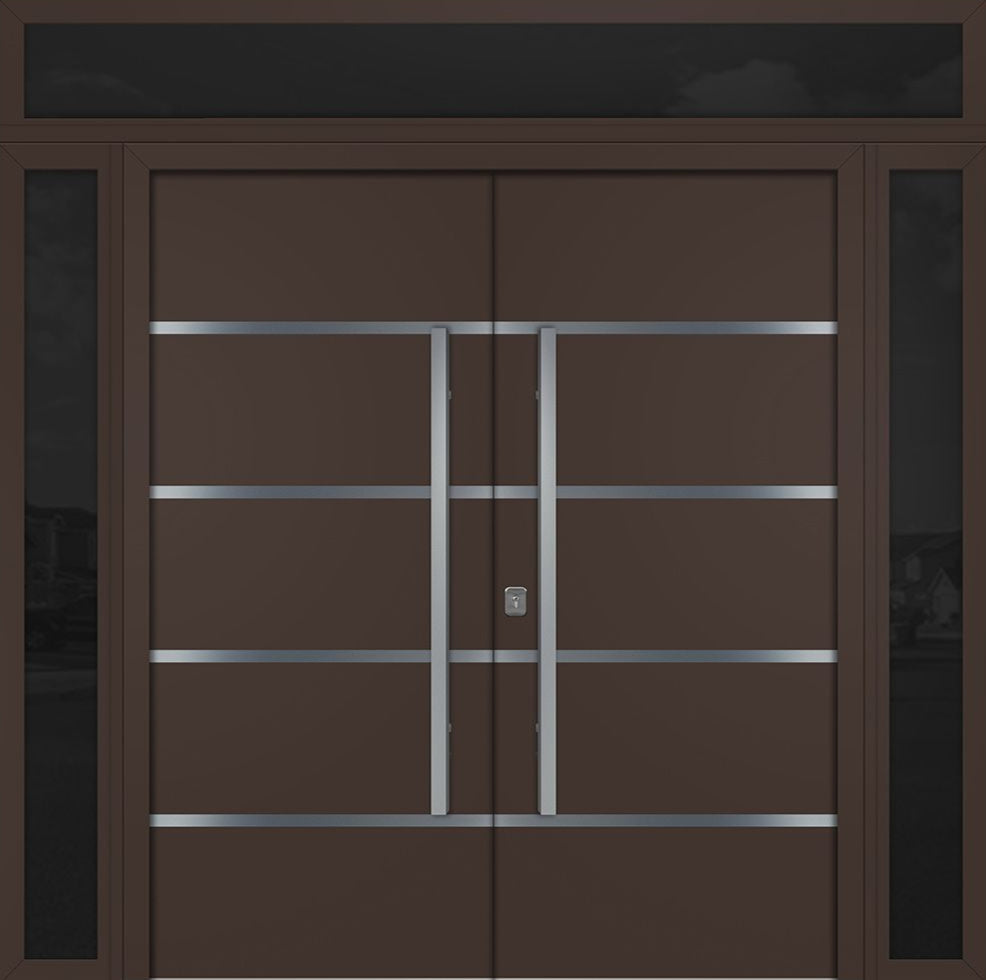 Nova Inox S3 Modern Exterior Double Door 72x80 W/ (2) 12" Sidelight and Transom - Unit 98x95 3/8-Brown
