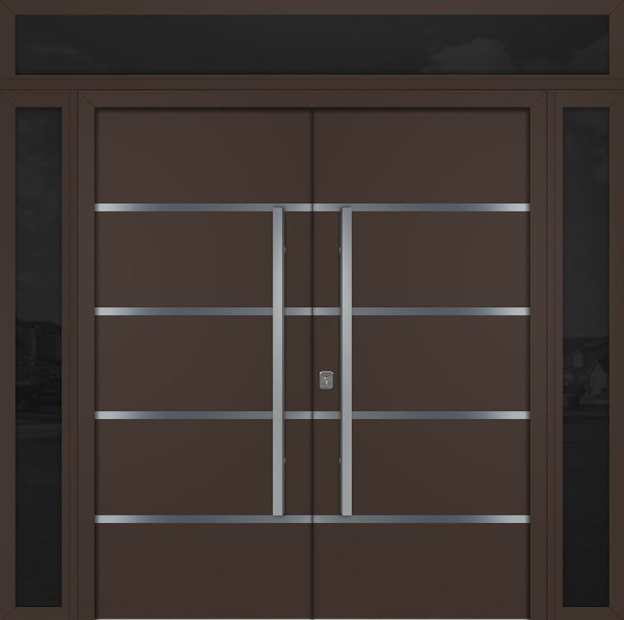 Nova Inox S3 Modern Exterior Double Door 72x80 W/ (2) 12" Sidelight and Transom - Unit 98x95 3/8-Brown - Doors and Beyond