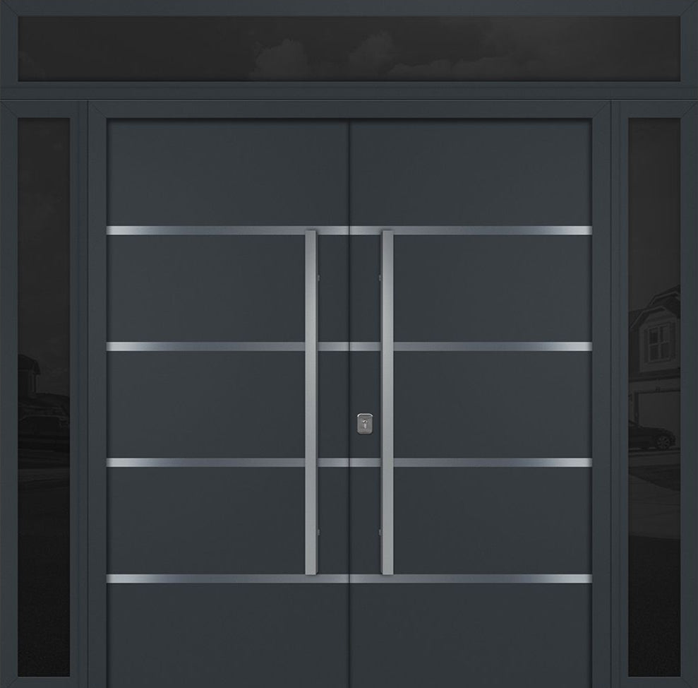Nova Inox S3 Modern Exterior Double Door 72x80 W/ (2) 12" Sidelight and Transom - Unit 98x95 3/8 - Gray - Doors and Beyond