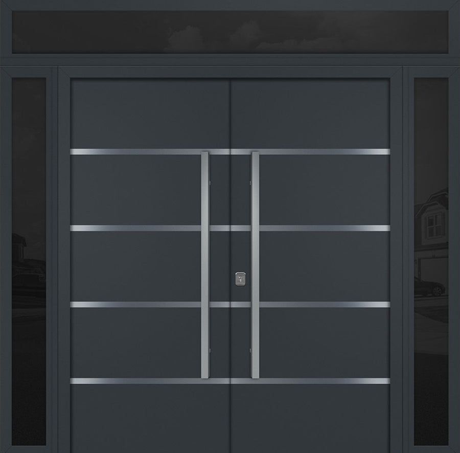 Nova Inox S3 Modern Exterior Double Door 72x80 W/ (2) 12" Sidelight and Transom - Unit 98x95 3/8 - Gray - Doors and Beyond
