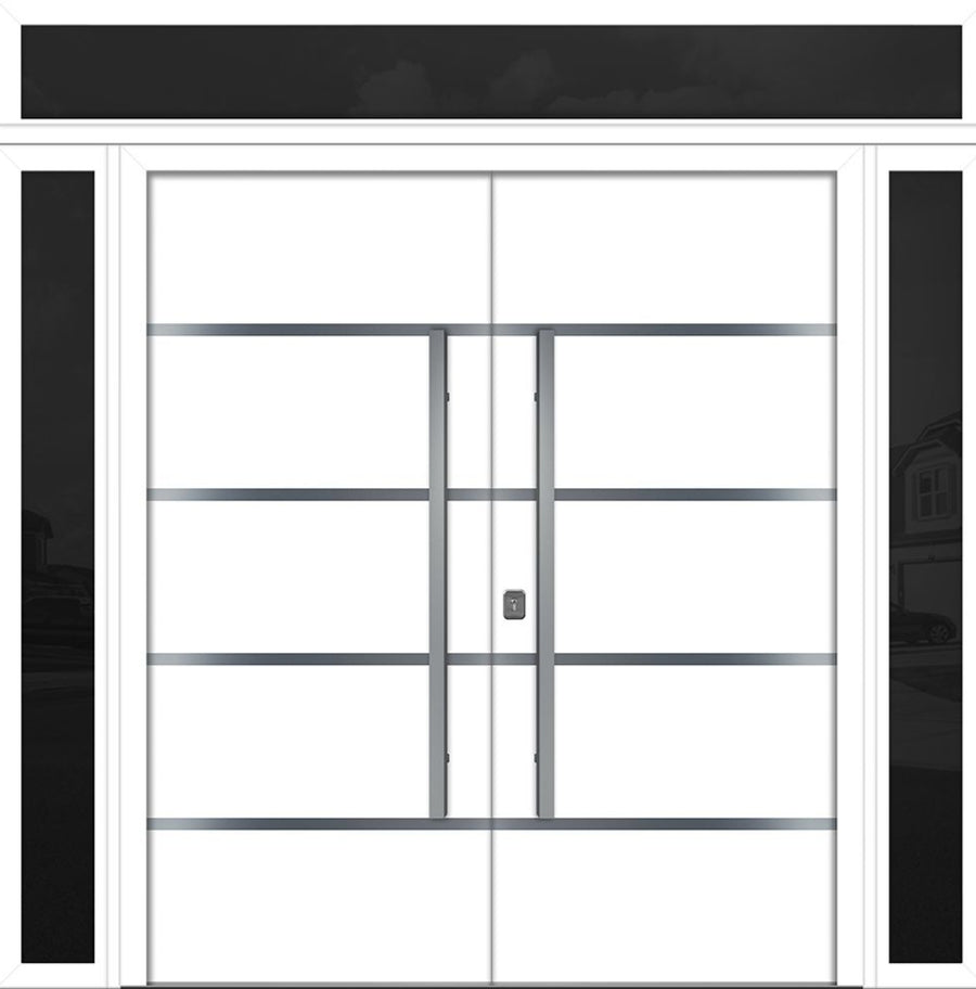 Nova Inox S3 Modern Exterior Double Door 72x80 W/ (2) 12" Sidelight and Transom - Unit 98x95 3/8 - White - Doors and Beyond
