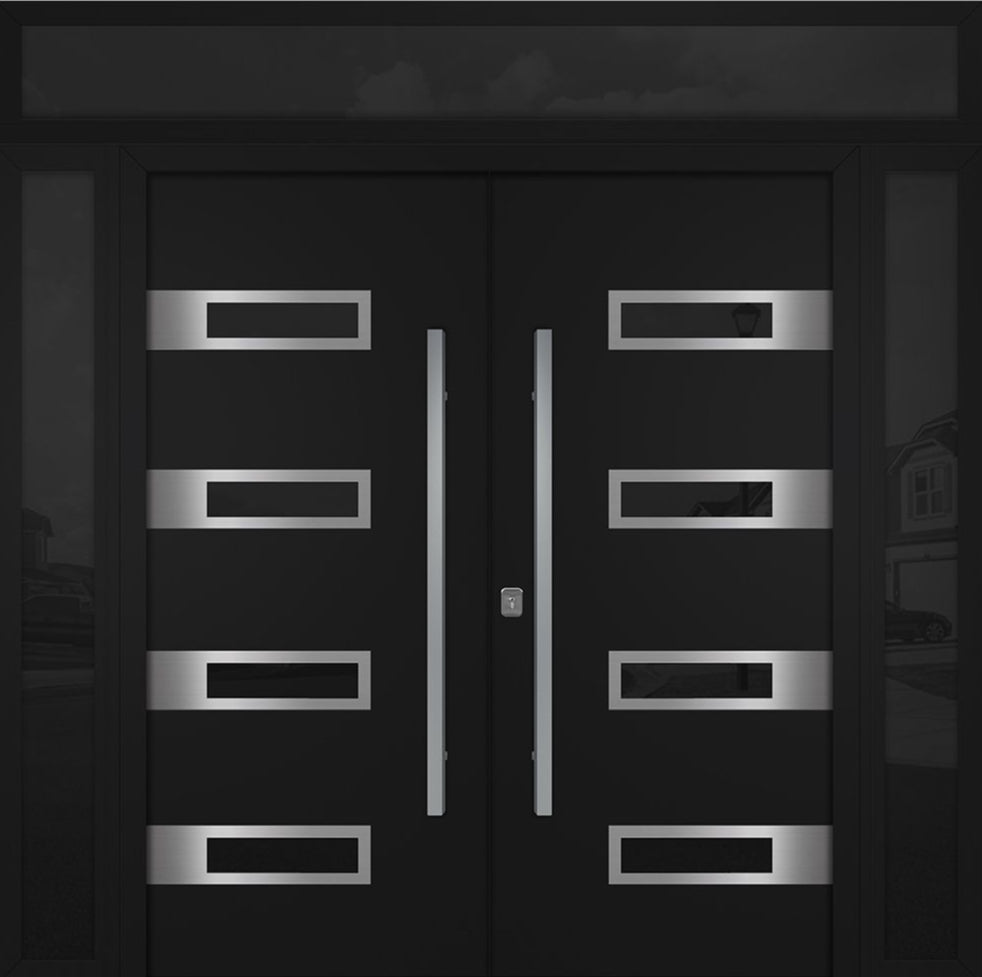 Nova Inox S4 Modern Exterior Double Door 72x80 W/ (2) 12" Sidelight and Transom - Unit 98x95 3/8- Black