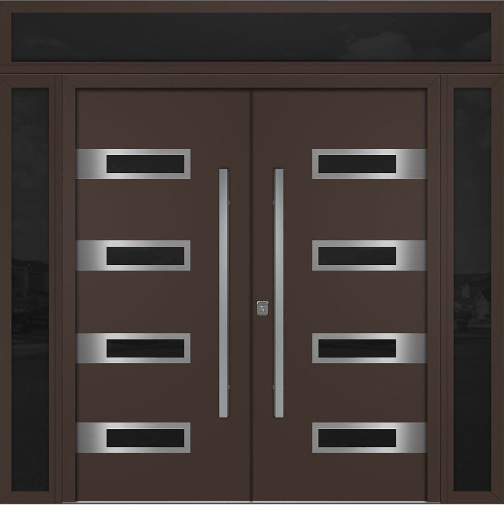 Nova Inox S4 Modern Exterior Double Door 72x80 W/ (2) 12" Sidelight and Transom - Unit 98x95 3/8-Brown