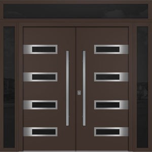 Nova Inox S4 Modern Exterior Double Door 72x80 W/ (2) 12" Sidelight and Transom - Unit 98x95 3/8-Brown - Doors and Beyond