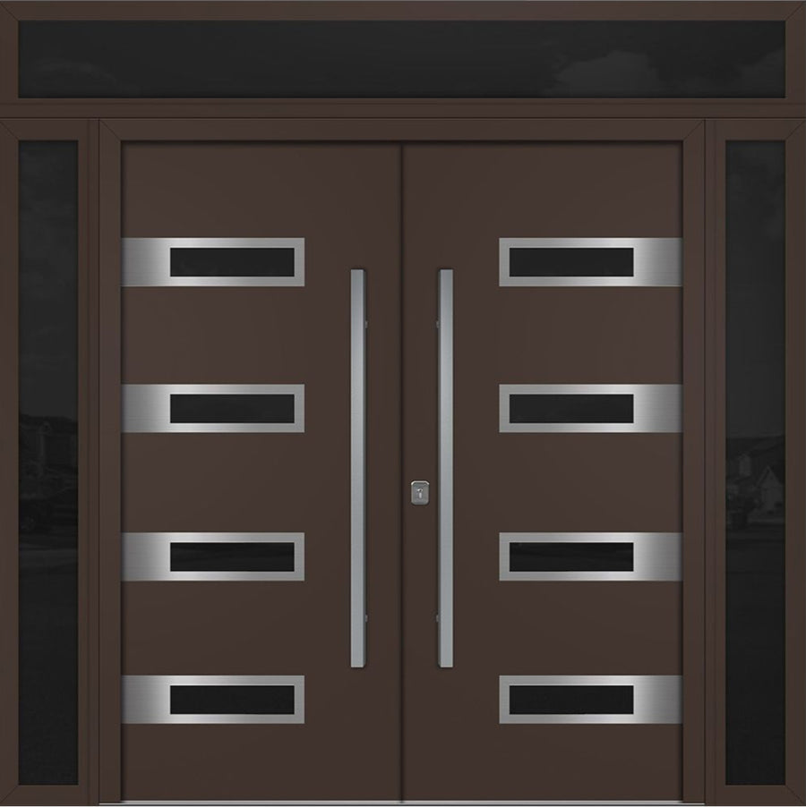Nova Inox S4 Modern Exterior Double Door 72x80 W/ (2) 12" Sidelight and Transom - Unit 98x95 3/8-Brown - Doors and Beyond
