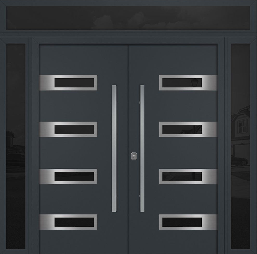 Nova Inox S4 Modern Exterior Double Door 72x80 W/ (2) 12" Sidelight and Transom - Unit 98x95 3/8 - Gray - Doors and Beyond