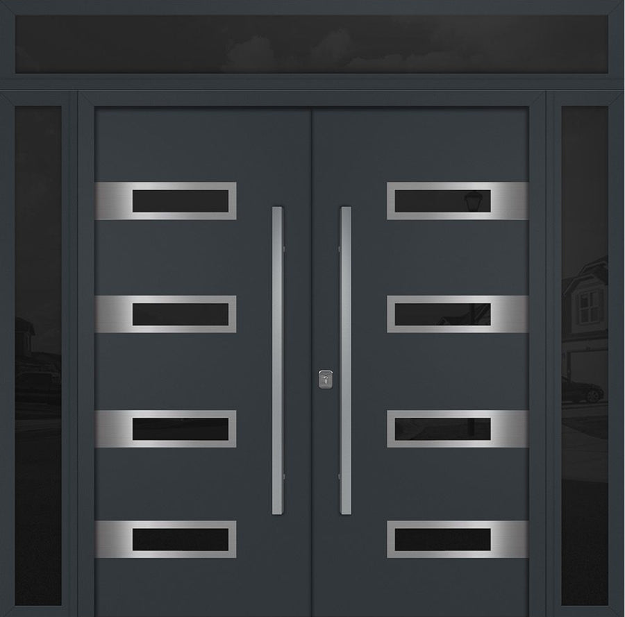 Nova Inox S4 Modern Exterior Double Door 72x80 W/ (2) 12" Sidelight and Transom - Unit 98x95 3/8 - Gray - Doors and Beyond